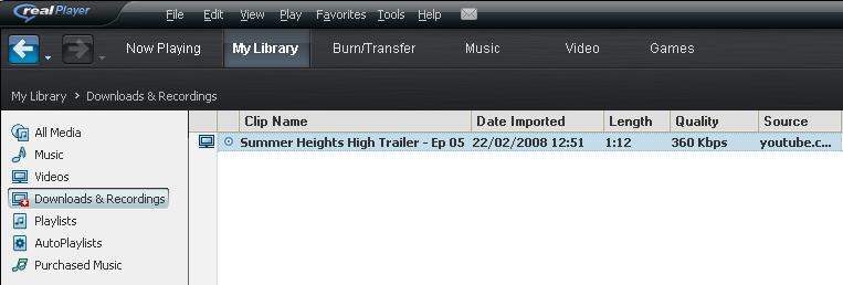 Open up Real Player and select My Library from the top, and then Downloads and Recordings from the left.