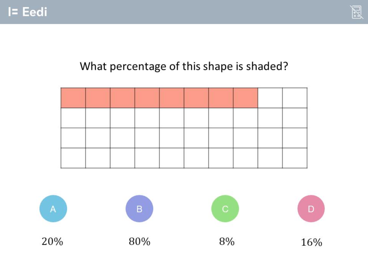 Diagnostic question example showing percentage shading with four answer choices